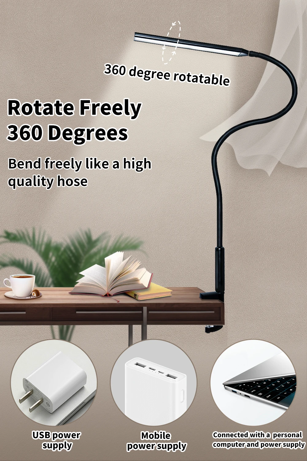 B Desk Lamp LED USB Power  Swing Arm Lamp Flexible Gooseneck Clamp Dimmable Architect Lamp 3 Color Modes Desk Light - Image 3