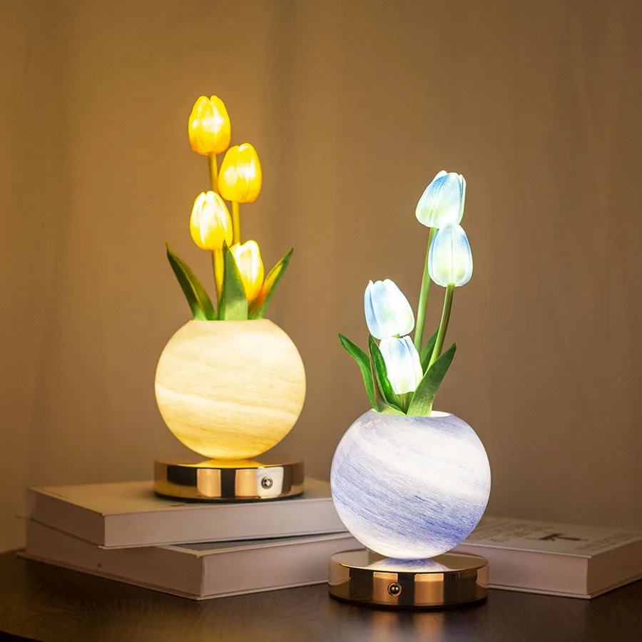 New tulip night light, simulated flower bouquet table lamp, decorative bedroom bedside mood light, dreamy planet lamp - Image 1